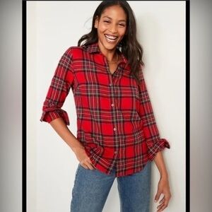 NWT Old Navy Petites Small Red Tartan Plaid Holiday Flannel Shirt Top SP PS